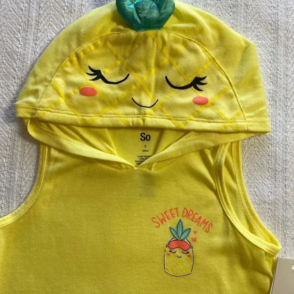 SO Girls Size 6 Pineapple Hooded Tank Too & Shorts Pajama Set
